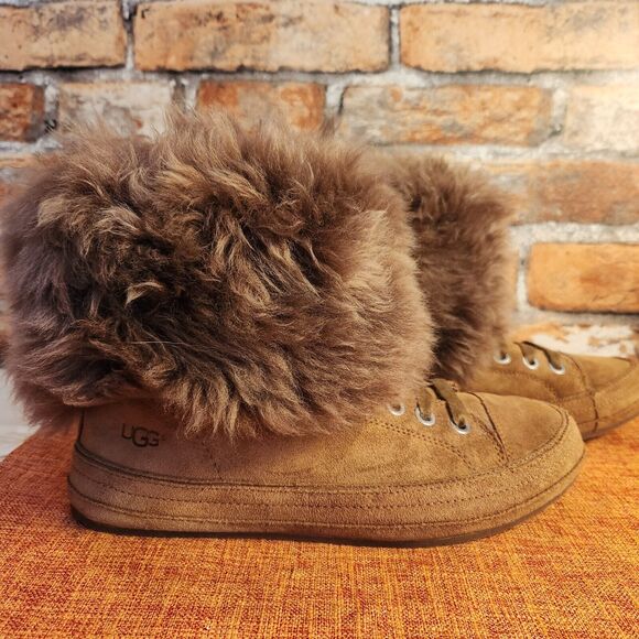 UGG ANTOINE Women Brown Fur Suede Lace-up Zipper Sneaker Boots Y2K Women Size 10 - Picture 3 of 11